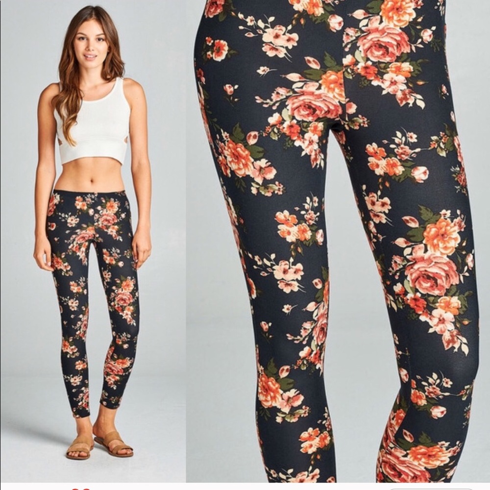 1 LEFT ❗️Floral Print Black and Pink Leggings - Picture 2 of 2